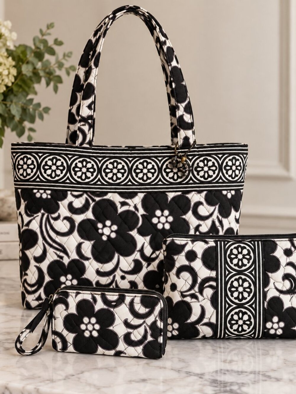 VERA BRADLEY Night & Day Black/White 3 Piece Set: Tote, Wallet, Cosmetic Pouch